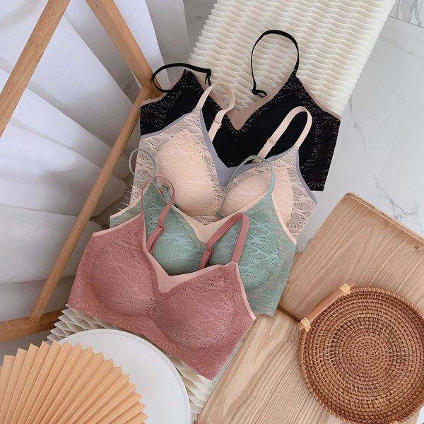 

thai latex stitching color contrast lace no steel ring sling underwear women's seamless one piece sports bra, Red;black