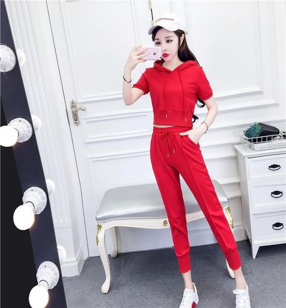 

running sets 2021 sports suit women's hooded short-sleeved waist pants casual two-piece summer cool sportwear1, Black;blue