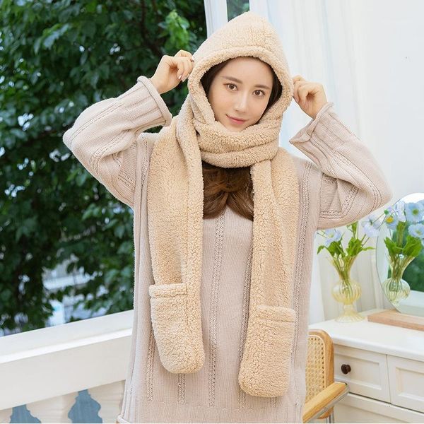 

women faux lamb wool warm hat scarf thicken solid color outdoor scarves with hat gloves winter girls women's fleece caps1, Blue;gray
