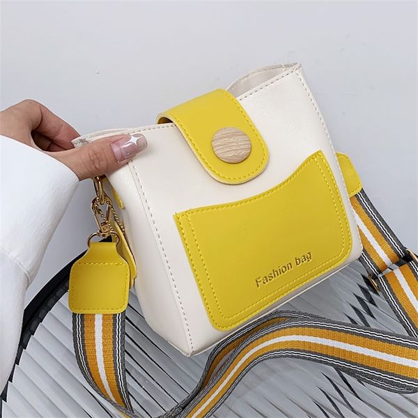 

small women bucket shoulder bags contrast color leather ladies messenger bag broadband crossbody casual designer handbags 220216