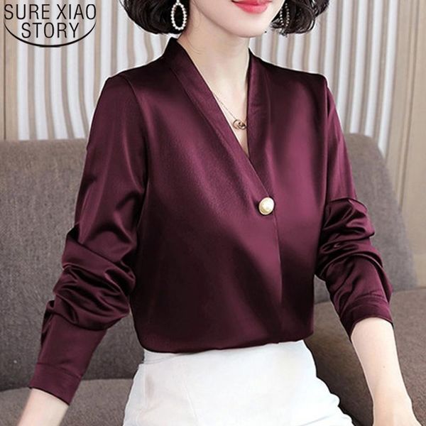 

plus size women elegant office lady shirts women blouse korean long sleeve satin shirt fashion v-neck button shirts 13043, White