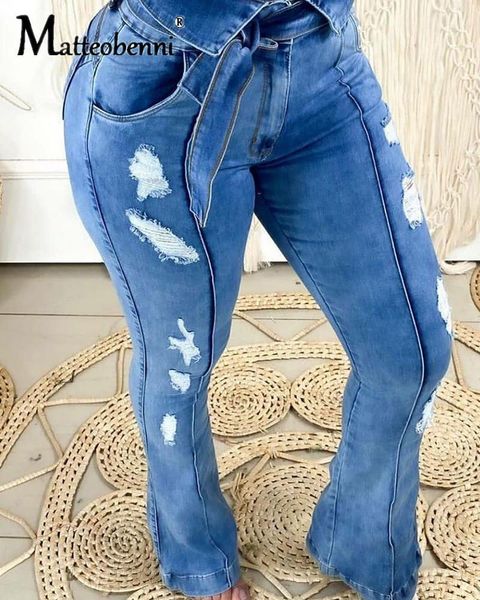 

fashion high waist jeans women streetwear bandage denim plus size jeans femme flare pants loose blue woman 2020 new1