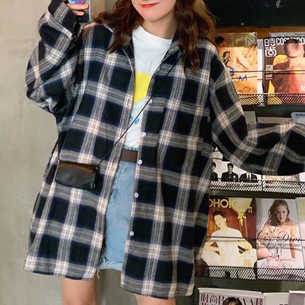 

new arrival women batwing sleeve oversize harajuku plaid shirt turn-down collar button up retro brushed blouse feminina blusa t9 q1217, White