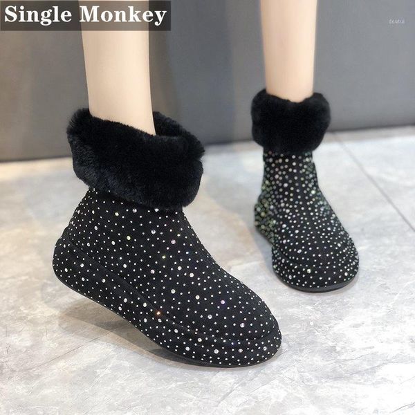 

boots women shoe 2021 fur flush fashion shoes winter crystal bling shiny flats warm snow cozy botas mujer1, Black