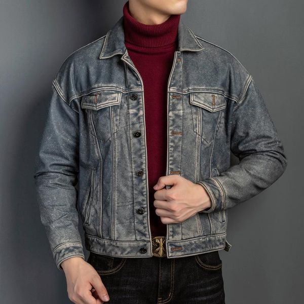 

men's leather & faux jacket for slim fit haining lapel korean jeans, Black