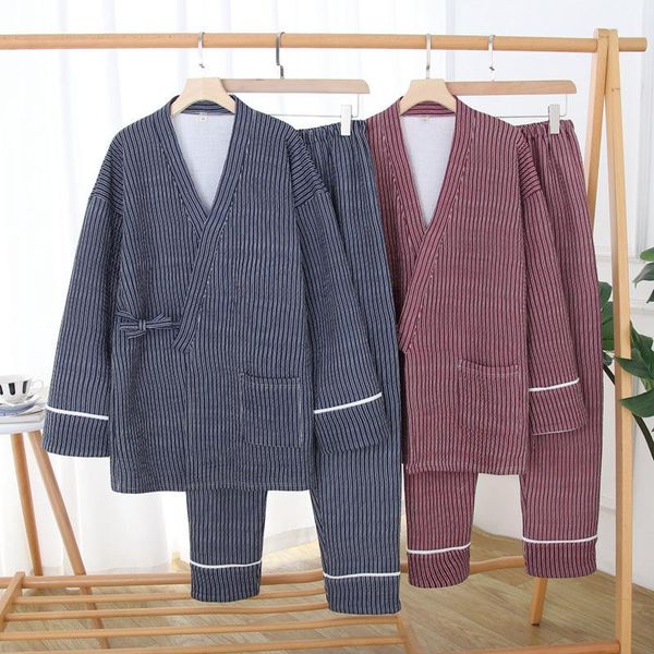 

men women couple pajamas set harajuku japanese style kimono pant homewear sleepwear casual loose pyjamas knitting cardigan, Red