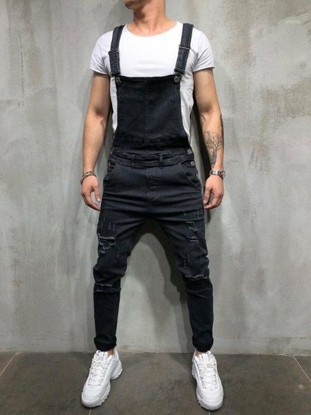 

men's distressed denim carpenter overalls bib jumpsuits moto biker jean pants men's suspender trousers1, Black