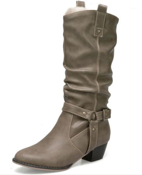 

sapato feminino women boots knee high slip on shoes woman chunky mid heels luxury pu leather gladiator booties chaussure ta11681, Black