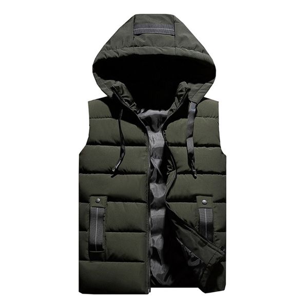 Gilet rimovibile con cappuccio Uomo Moda invernale Addensare Caldo gilet imbottito in cotone tinta unita Tasche grandi 4XL 5XL Colore verde militare 201126