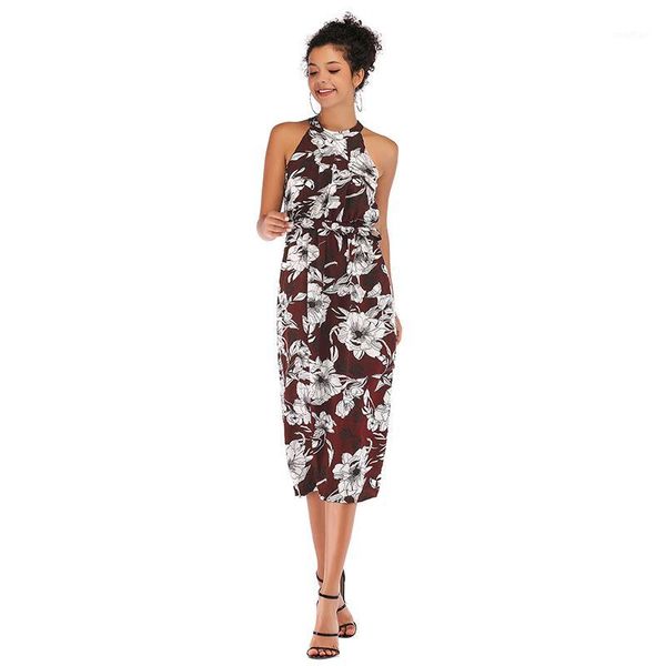 

2020 summer print vestidos women casual bohemian floral vest slim beach chiffon o-neck dress vintage1, Black;gray