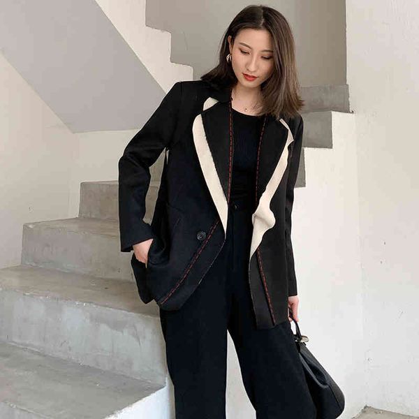 

women's suits & blazers [eam] women black contrast color burr blazer lapel long sleeve loose fit jacket fashion spring autumn 2022 1w51, White;black