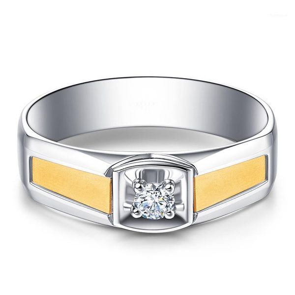 

14k au585 yellow white gold ring men wedding anniversary engagement party ring square 4 claw round moissanite diamond casual1, Golden;silver