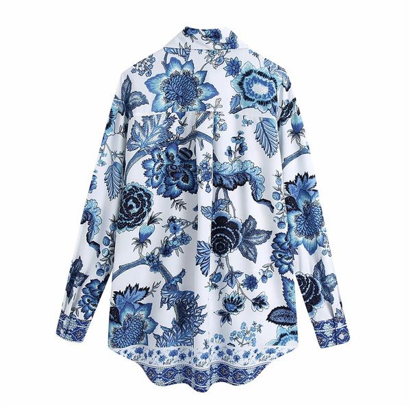 

new vintage blue floral print female 2021 spring streetwear button up sleeve oversize long shirt women blouse 73i5, White