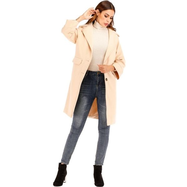 

women solid color long sleeve woolen coat, Black