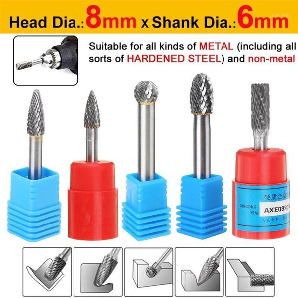 

new 6mm shank tungsten carbide rotary point burr double cut solid groove 8mm diameter grinder grinding head file dremel tool1
