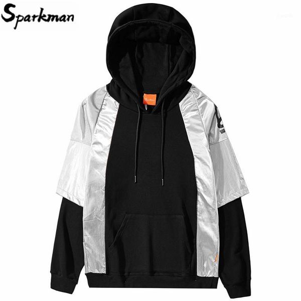 

men hip hop hoodie sweatshirt silver color block patchwork harajuku streetwear hooded pullover 2019 autumn cotton casual 1, Black