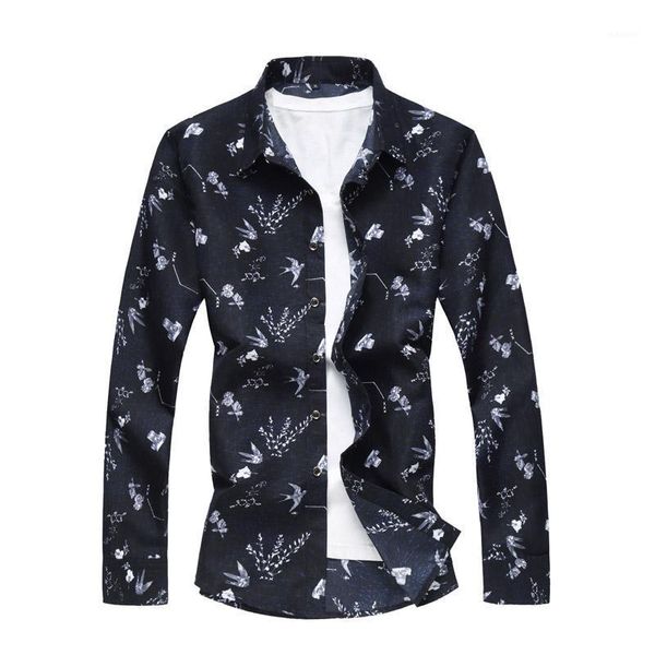 

2021 autumn men's casual shirt slim fit men's casual button down printed long sleeve shirts men male clothing camisa 5xl 6xl 7xl1, White;black