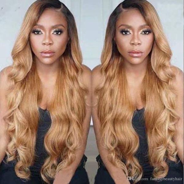 

glueless full lace wig ombre blonde 1b 27 color 360 lace front human hair wigs preplucked with baby hair body wave 13x6 lace front wig, Black