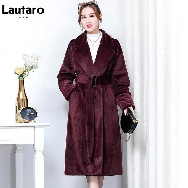 

lautaro designer oversized winter long faux fur coat women long sleeve belt soft warm fluffy pink clothes plus size fashion 5xl, Black