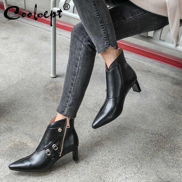 

boots coolcept brand winter shoes women genuine leather ankle thick heel pointed toe zipper buckle black footwear size 33-40