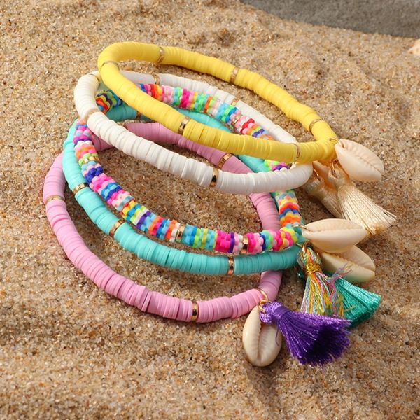 

5 color bracelet shell national style tassel bracelet colorful soft pottery charm ring wristlet for lady girls party favor, Red;brown