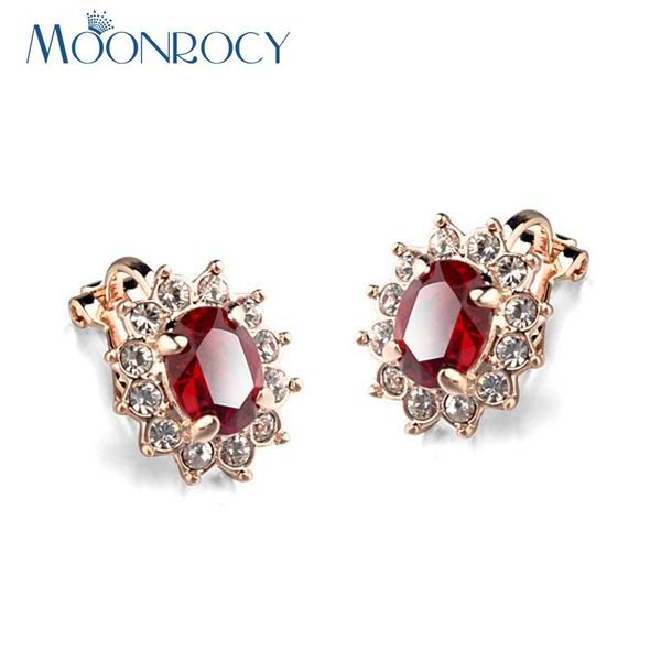 

stud moonrocy drop fashion cubic zirconia rose gold color red green purple blue crystal earrings clip for women gift, Golden;silver