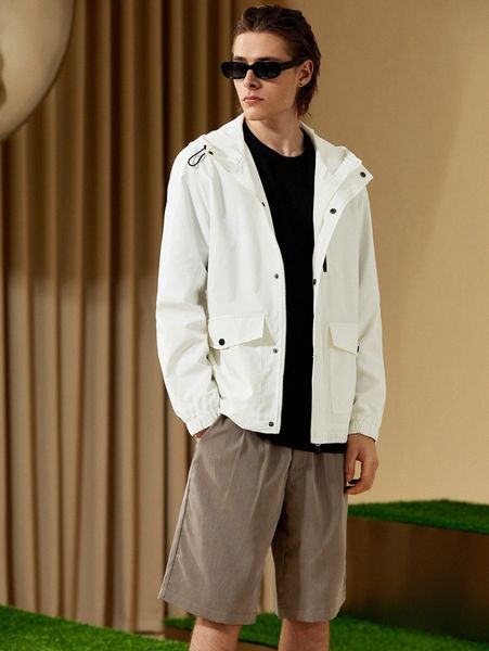 

men solid zipper front hooded windbreaker jacket 153n#, Black;brown