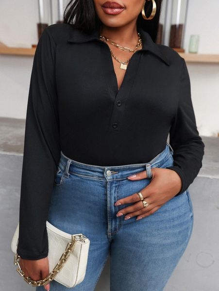 

plus half button solid tee b5g2#, Black