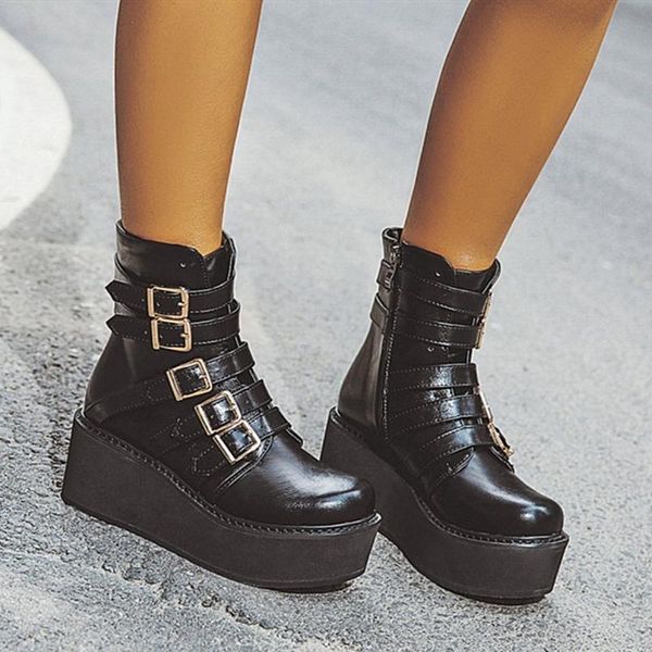 

boots autumn platform ankle for women buckle motorcycle wedge heels casual white shoes female large size 45 46, Black