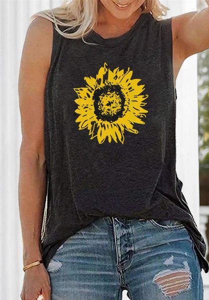 

sunflower print tank women sleeveless tee for summer female o neck tanks 2021 casual loose women clothes lady, White