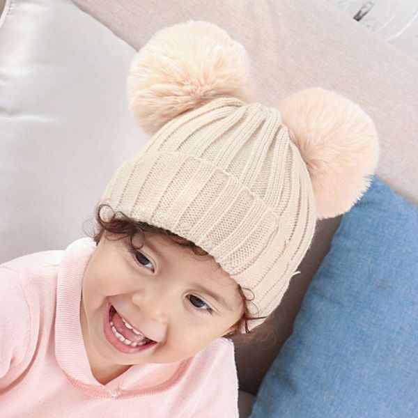 

beanie/skull caps toddler baby kids chunky crochet knitted hat solid color winter warm cuffed beanie cap with cute big fluffy plush pompom, Blue;gray