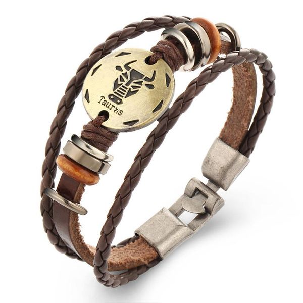 

2016 vintage bronze 12 созвездие многослойные тканые кожаный браслет застежка панк пара подарка ювелирных изделий бесплатная доставка jllpdz