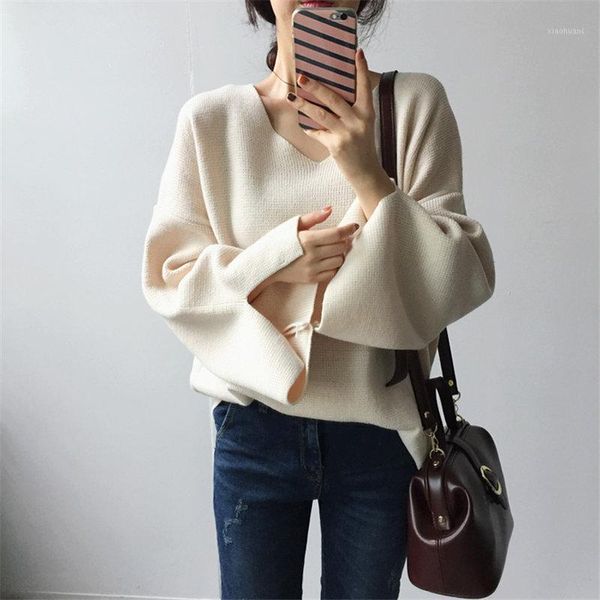 

autumn regular soft 2020 chic sweet flare-sleeved women pullovers loose v-neck all-match knitted fashion split sweaters1, White;black