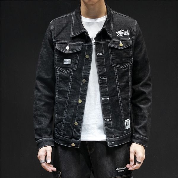 

casual and simple men slim embroidery blue & black cotton denim jacket hip hop jeans jackets coat plus szie 5xl 201118, Black;brown