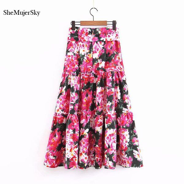 

shemujersky women red floral maxi skirt summer long a-line skirt with belt high waist skirts 2021 falda larga, Black