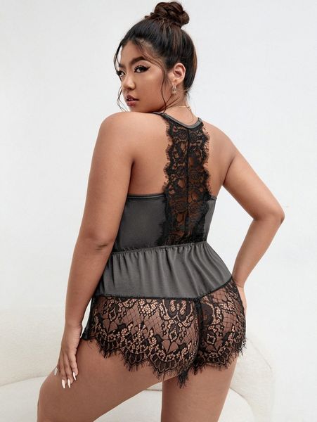 

plus contrast eyelash lace plunging neck sleep romper e4zu#, Black;white