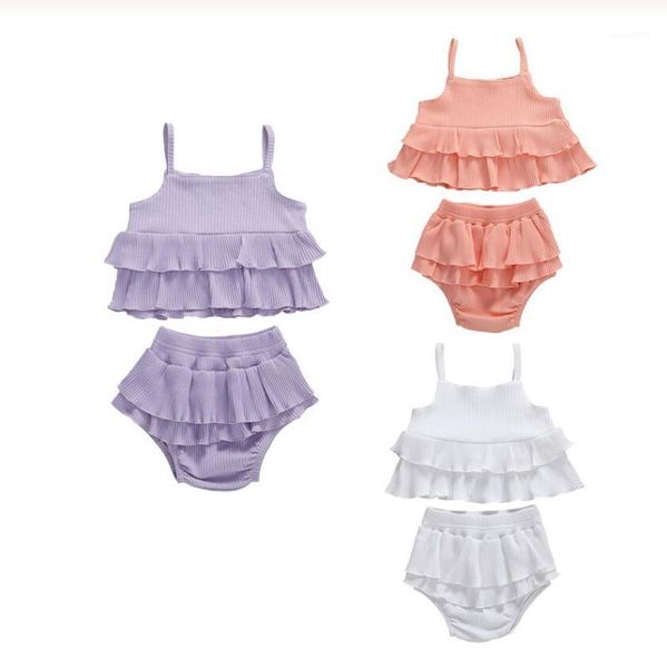 

0-24m newborn baby girl summer clothing infant baby girls clothes sets solid ruffles sleeveless vest +shorts toddler 2pcs1, White