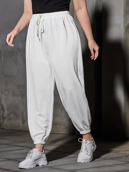 

plus drawstring waist solid cropped sweatpants s390#, Black
