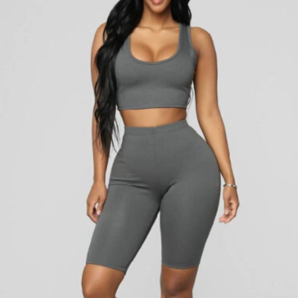 

two piece set outfits crop and biker shorts set summer matching sets gym fitness sportwear summer clothes for women, Gray