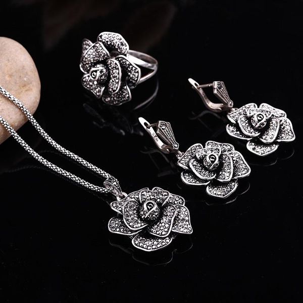 

распродажа античный серебряный цвет украшения мода черный кристалл большой цветочный заявление ожерелье установите урожай ювелирные наборы д, Silver