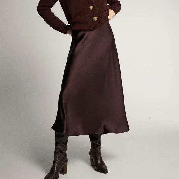 

2020 new women mid-calf long soft smooth silk satin skirts office lady hight waist glossy silver wine red party skirt, Black