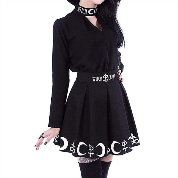 

goth skirts women 2020 gothic punk pleated mini skirt rock girls witchcraft moon magic spell symbols skirt jupe, Black