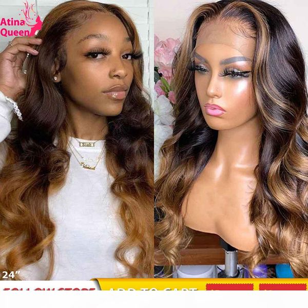 

full lace human hair wigs honey blonde highlight wigs 360 frontal long body wave remy ombre brown deep part 13x6 lace front wig, Black