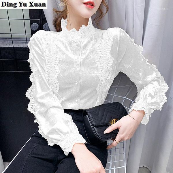 

2020 autumn winter elegant lace hollow out shirt women stand collar long sleeve velour blouse office ladies formal shirts1, White