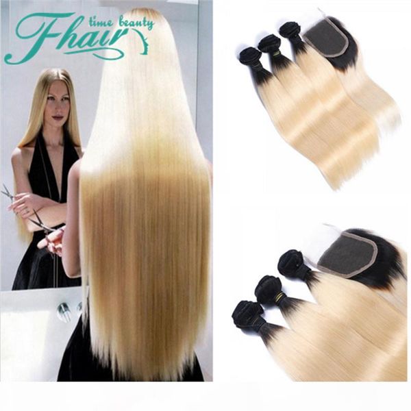 

8a brazilian straight hair with closure blonde human hair weave bundle 1pcs lace closure with three bundles 1b 613 color dhl, Black