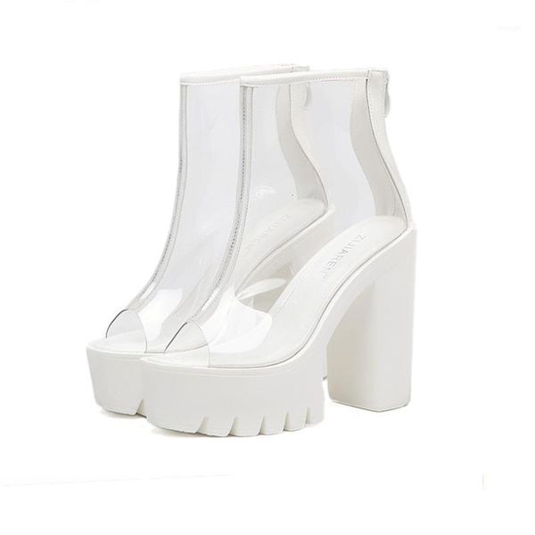 

boots zipper white open toe elastic ankle for women thick high heel transparent pvc platform summer wedding shoes1, Black