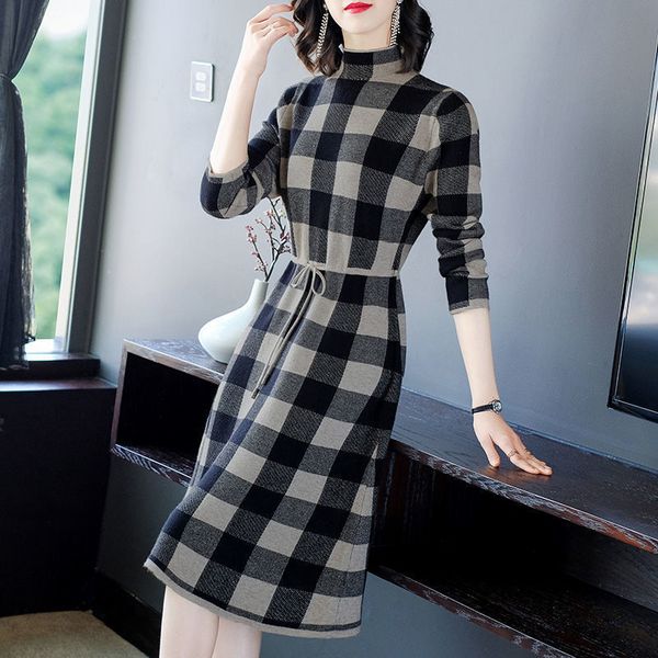 

2021 new knit sweater women mid-length autumn winter new fashion thin bottoming high-end half high collar plaid dress 2t3l, Black;gray