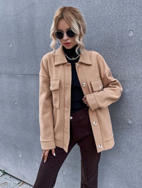 

flap pocket drop shoulder overcoat i4b7#, Black