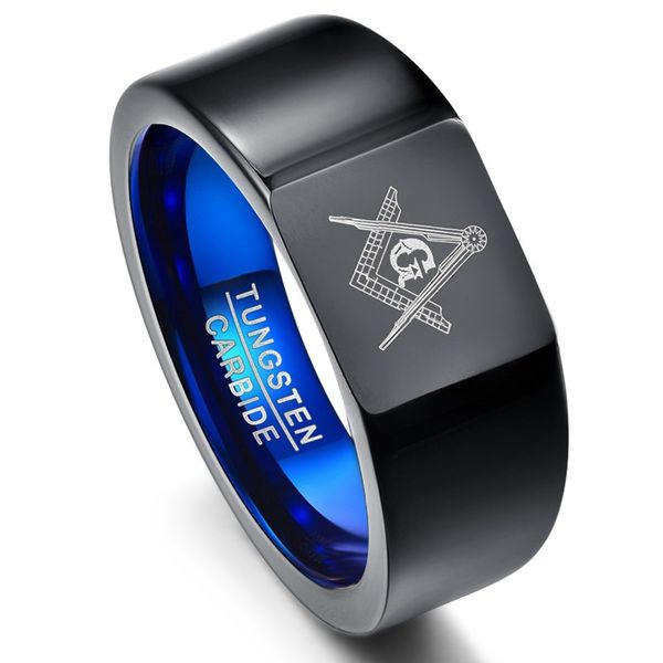

nuncad brand tungsten carbide ring 10mm width vacuum plating black blue laser masonic logo tungsten ring men's jewelry usa size 7-12, Silver