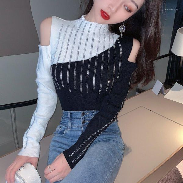

autumn winter chic drill rhinestones cutout shoulder knitted sweater women fashion knitted tee, White;black